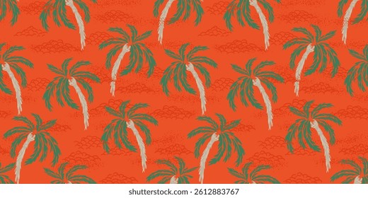 Seamless vector tropical pattern with hand drawn palm trees, ocean waves, and textured details on a vibrant red background. Ideal for beachwear, summer designs, wallpapers,  exotic themed decorations.