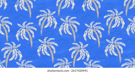 Seamless vector tropical pattern with hand drawn palm trees, ocean waves, and textured details on a bright blue background. Ideal for beachwear, summer designs, wallpapers,  exotic themed decorations.