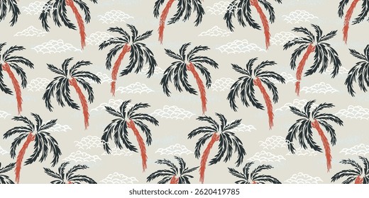 Seamless vector tropical pattern with hand drawn palm trees, ocean waves, and textured details on a light background. Ideal for beach wear, summer designs, wallpapers, and exotic themed decoration