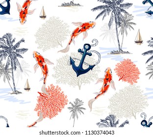 Seamless vector tropical pattern with koi fish, anchor, corals, coconut palm trees, sail boats. Abstract geometric texture, stripes. Perfect for wallpapers, web page backgrounds,print, fabric