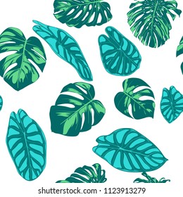 Seamless Vector Tropical Pattern. Monstera Palm Leaves and Alocasia. Jungle Foliage with Watercolor Effect. Exotic Hawaiian Textile Design. Seamless Tropical Background for Fabric, Dress, Paper, Print
