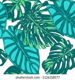 Seamless Vector Tropical Pattern. Monstera Palm Leaves and Alocasia. Jungle Foliage with Watercolor Effect. Exotic Hawaiian Textile Design. Seamless Tropical Background for Fabric, Dress, Paper, Print