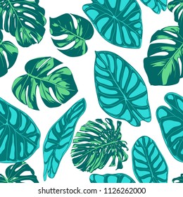 Seamless Vector Tropical Pattern. Monstera Palm Leaves and Alocasia. Jungle Foliage with Watercolor Effect. Exotic Hawaiian Textile Design. Seamless Tropical Background for Fabric, Dress, Paper, Print