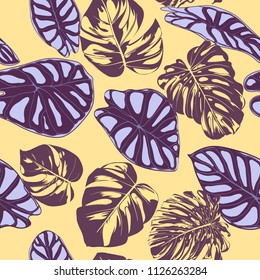 Seamless Vector Tropical Pattern. Monstera Palm Leaves and Alocasia. Jungle Foliage with Watercolor Effect. Exotic Hawaiian Textile Design. Seamless Tropical Background for Fabric, Dress, Paper, Print