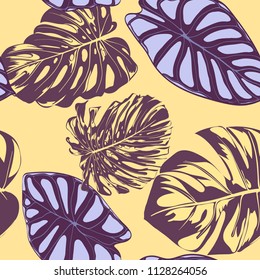 Seamless Vector Tropical Pattern. Monstera Palm Leaves and Alocasia. Jungle Foliage with Watercolor Effect. Exotic Hawaiian Textile Design. Seamless Tropical Background for Fabric, Dress, Paper, Print