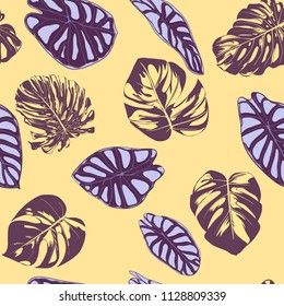 Seamless Vector Tropical Pattern. Monstera Palm Leaves and Alocasia. Jungle Foliage with Watercolor Effect. Exotic Hawaiian Textile Design. Seamless Tropical Background for Fabric, Dress, Paper, Print