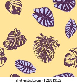 Seamless Vector Tropical Pattern. Monstera Palm Leaves and Alocasia. Jungle Foliage with Watercolor Effect. Exotic Hawaiian Textile Design. Seamless Tropical Background for Fabric, Dress, Paper, Print