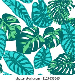 Seamless Vector Tropical Pattern. Monstera Palm Leaves and Alocasia. Jungle Foliage with Watercolor Effect. Exotic Hawaiian Textile Design. Seamless Tropical Background for Fabric, Dress, Paper, Print