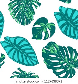 Seamless Vector Tropical Pattern. Monstera Palm Leaves and Alocasia. Jungle Foliage with Watercolor Effect. Exotic Hawaiian Textile Design. Seamless Tropical Background for Fabric, Dress, Paper, Print
