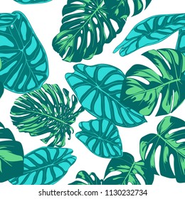 Seamless Vector Tropical Pattern. Monstera Palm Leaves and Alocasia. Jungle Foliage with Watercolor Effect. Exotic Hawaiian Textile Design. Seamless Tropical Background for Fabric, Dress, Paper, Print