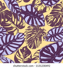 Seamless Vector Tropical Pattern. Monstera Palm Leaves and Alocasia. Jungle Foliage with Watercolor Effect. Exotic Hawaiian Textile Design. Seamless Tropical Background for Fabric, Dress, Paper, Print