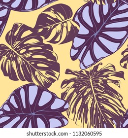 Seamless Vector Tropical Pattern. Monstera Palm Leaves and Alocasia. Jungle Foliage with Watercolor Effect. Exotic Hawaiian Textile Design. Seamless Tropical Background for Fabric, Dress, Paper, Print