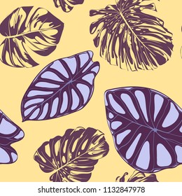 Seamless Vector Tropical Pattern. Monstera Palm Leaves and Alocasia. Jungle Foliage with Watercolor Effect. Exotic Hawaiian Textile Design. Seamless Tropical Background for Fabric, Dress, Paper, Print