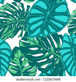 Seamless Vector Tropical Pattern. Monstera Palm Leaves and Alocasia. Jungle Foliage with Watercolor Effect. Exotic Hawaiian Textile Design. Seamless Tropical Background for Fabric, Dress, Paper, Print
