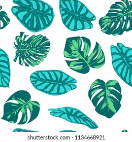 Seamless Vector Tropical Pattern. Monstera Palm Leaves and Alocasia. Jungle Foliage with Watercolor Effect. Exotic Hawaiian Textile Design. Seamless Tropical Background for Fabric, Dress, Paper, Print