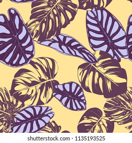 Seamless Vector Tropical Pattern. Monstera Palm Leaves and Alocasia. Jungle Foliage with Watercolor Effect. Exotic Hawaiian Textile Design. Seamless Tropical Background for Fabric, Dress, Paper, Print