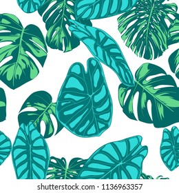 Seamless Vector Tropical Pattern. Monstera Palm Leaves and Alocasia. Jungle Foliage with Watercolor Effect. Exotic Hawaiian Textile Design. Seamless Tropical Background for Fabric, Dress, Paper, Print