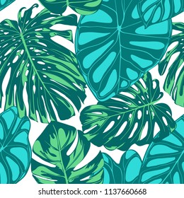 Seamless Vector Tropical Pattern. Monstera Palm Leaves and Alocasia. Jungle Foliage with Watercolor Effect. Exotic Hawaiian Textile Design. Seamless Tropical Background for Fabric, Dress, Paper, Print