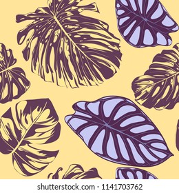 Seamless Vector Tropical Pattern. Monstera Palm Leaves and Alocasia. Jungle Foliage with Watercolor Effect. Exotic Hawaiian Textile Design. Seamless Tropical Background for Fabric, Dress, Paper, Print