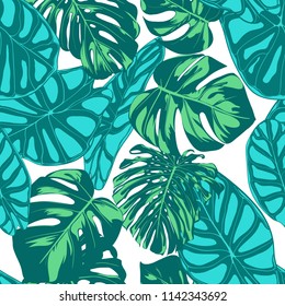 Seamless Vector Tropical Pattern. Monstera Palm Leaves and Alocasia. Jungle Foliage with Watercolor Effect. Exotic Hawaiian Textile Design. Seamless Tropical Background for Fabric, Dress, Paper, Print