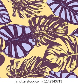 Seamless Vector Tropical Pattern. Monstera Palm Leaves and Alocasia. Jungle Foliage with Watercolor Effect. Exotic Hawaiian Textile Design. Seamless Tropical Background for Fabric, Dress, Paper, Print