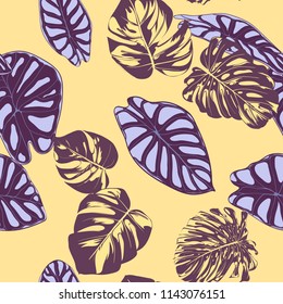 Seamless Vector Tropical Pattern. Monstera Palm Leaves and Alocasia. Jungle Foliage with Watercolor Effect. Exotic Hawaiian Textile Design. Seamless Tropical Background for Fabric, Dress, Paper, Print