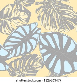 Seamless Vector Tropical Pattern in Pastel Color Design. Monstera Palm Leaves and Alocasia. Jungle Foliage with Watercolor Effect. Exotic Hawaiian Fabric Design. Seamless Tropical Background for Print