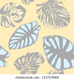 Seamless Vector Tropical Pattern in Pastel Color Design. Monstera Palm Leaves and Alocasia. Jungle Foliage with Watercolor Effect. Exotic Hawaiian Fabric Design. Seamless Tropical Background for Print