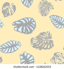 Seamless Vector Tropical Pattern in Pastel Color Design. Monstera Palm Leaves and Alocasia. Jungle Foliage with Watercolor Effect. Exotic Hawaiian Fabric Design. Seamless Tropical Background for Print