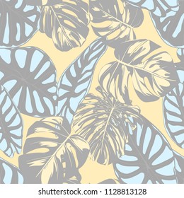 Seamless Vector Tropical Pattern in Pastel Color Design. Monstera Palm Leaves and Alocasia. Jungle Foliage with Watercolor Effect. Exotic Hawaiian Fabric Design. Seamless Tropical Background for Print