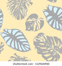 Seamless Vector Tropical Pattern in Pastel Color Design. Monstera Palm Leaves and Alocasia. Jungle Foliage with Watercolor Effect. Exotic Hawaiian Fabric Design. Seamless Tropical Background for Print