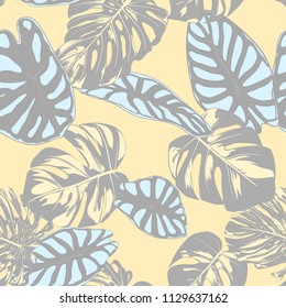 Seamless Vector Tropical Pattern in Pastel Color Design. Monstera Palm Leaves and Alocasia. Jungle Foliage with Watercolor Effect. Exotic Hawaiian Fabric Design. Seamless Tropical Background for Print
