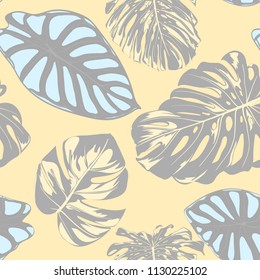 Seamless Vector Tropical Pattern in Pastel Color Design. Monstera Palm Leaves and Alocasia. Jungle Foliage with Watercolor Effect. Exotic Hawaiian Fabric Design. Seamless Tropical Background for Print