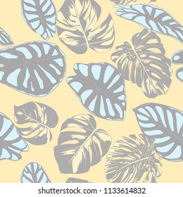 Seamless Vector Tropical Pattern in Pastel Color Design. Monstera Palm Leaves and Alocasia. Jungle Foliage with Watercolor Effect. Exotic Hawaiian Fabric Design. Seamless Tropical Background for Print