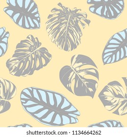 Seamless Vector Tropical Pattern in Pastel Color Design. Monstera Palm Leaves and Alocasia. Jungle Foliage with Watercolor Effect. Exotic Hawaiian Fabric Design. Seamless Tropical Background for Print