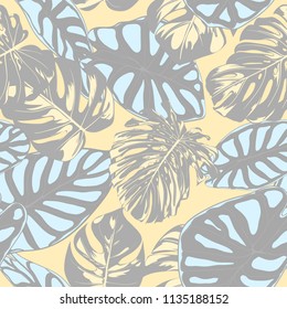 Seamless Vector Tropical Pattern in Pastel Color Design. Monstera Palm Leaves and Alocasia. Jungle Foliage with Watercolor Effect. Exotic Hawaiian Fabric Design. Seamless Tropical Background for Print