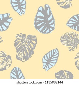Seamless Vector Tropical Pattern in Pastel Color Design. Monstera Palm Leaves and Alocasia. Jungle Foliage with Watercolor Effect. Exotic Hawaiian Fabric Design. Seamless Tropical Background for Print