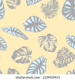 Seamless Vector Tropical Pattern in Pastel Color Design. Monstera Palm Leaves and Alocasia. Jungle Foliage with Watercolor Effect. Exotic Hawaiian Fabric Design. Seamless Tropical Background for Print