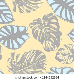 Seamless Vector Tropical Pattern in Pastel Color Design. Monstera Palm Leaves and Alocasia. Jungle Foliage with Watercolor Effect. Exotic Hawaiian Fabric Design. Seamless Tropical Background for Print