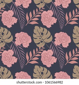 Seamless vector tropical pattern with pink roses