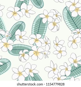 Seamless vector tropical pattern with plumeria flowers and leaves