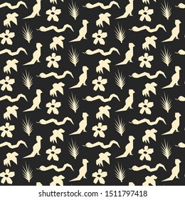 Seamless vector tropical pattern. Silhouettes of wildlife elements background. For fabric, textile, cover, wrapping, web etc. 10 eps design. 