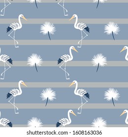 Seamless Vector Tropical Pattern with Storks, dandelion flowers and stripes for print, textile, decoration, fabric, stationery