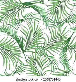 Seamless  vector  tropical pattern. Summer jungle wallpaper. Realistic ptint with palm leaves.