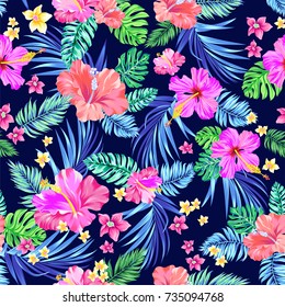 seamless vector tropical pattern. Variety of exotic flowers in an allover repeating layout. Hibiscus, palms, daisies. 