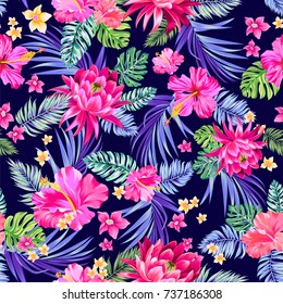 seamless vector tropical pattern. Variety of exotic flowers in an allover repeating layout. Hibiscus, palms, daisies. 