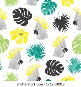 Seamless vector tropical pattern with watercolor parrots, palm leaves and flowers.