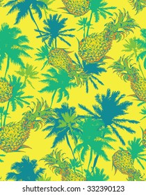 Seamless vector tropical print with palm trees and pineapples on a black background.