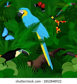 Vectores sin mar selva tropical fondo de jungla con animales 