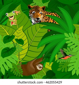 Seamless vector tropical rainforest Jungle background with kids animals